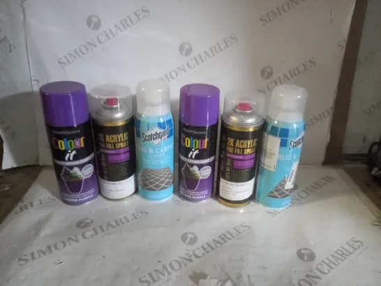 APPROXIMATELY 10 ASSORTED AEROSOLS INCLUDING MOBIHEL 2K ACRYLIC PRE-FILL SPRAY, SCOTCHGARD RUG AND CARPET CLEANER AND PAINT FACTORY COLOUR IT - COLLECTION ONLY