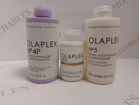 BOX OF 3 OLAPLEX ITEMS TO INCLUDE NO.5 CONDITIONER, NO.6 BOND SMOOTHER, NO.4P BLONDE ENHANCING TONING SHAMPOO