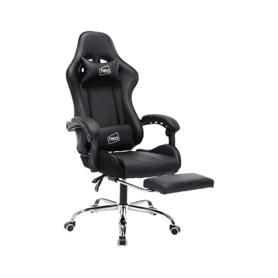 BOXED NEO ADJUSTABLE RECLINING ERGONOMIC FAUX LEATHER SWIVELLING PC & RACING GAMING CHAIR WITH FOOTREST - BLACK (1 BOX)