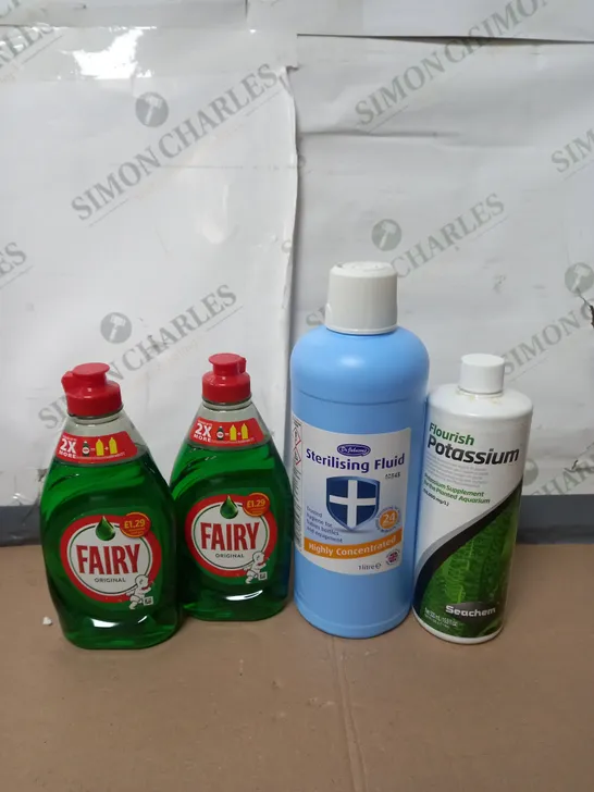 BOX OF APPROX 8 CLEANING PRODUCTS TO INCLUDE FAIRY LIQUID , STERILISING LIQUID , EXPORY RESIN - COLLECTION ONLY