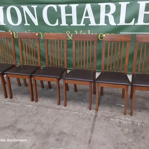 SET OF SIX SLAT BACK DINING CHAIRS DARK WOOD/BROWN PU