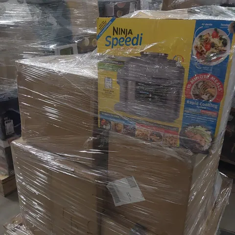 PALLET OF ASSORTED ITEMS INCLUDING NINJA SPEEDI RAPID COOKER, ALISON CORK GINKGO LEAF TABLE LAMP, COOK'S ESSENTIALS 5.8L AIR FRYER, SHARK STEAM FLOOR SCRUBBER