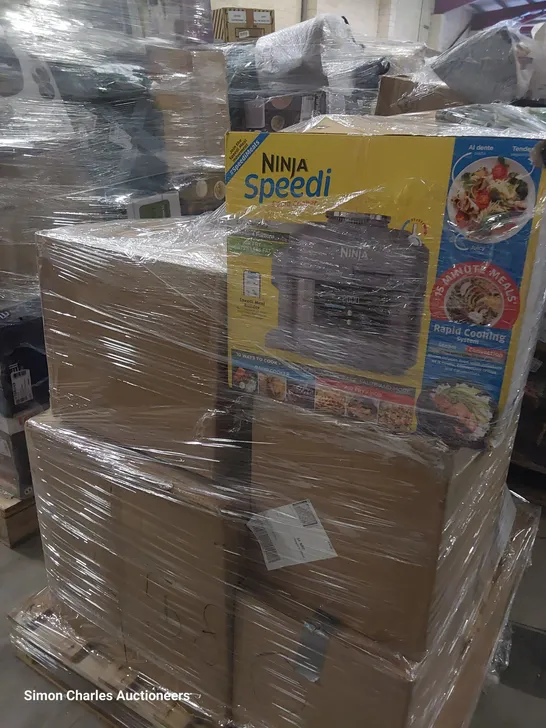 PALLET OF ASSORTED ITEMS INCLUDING NINJA SPEEDI RAPID COOKER, ALISON CORK GINKGO LEAF TABLE LAMP, COOK'S ESSENTIALS 5.8L AIR FRYER, SHARK STEAM FLOOR SCRUBBER