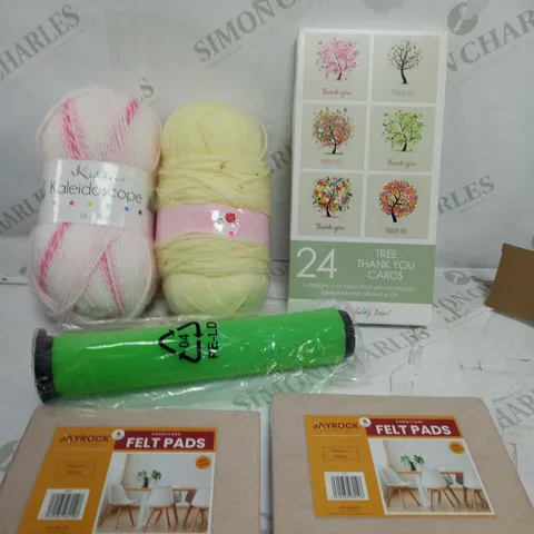 BOX OF APPROXIMATELY 10 ASSORTED ITEMS TO INCLUDE - FELT PADS, YARN, THANK YOU CARDS ETC