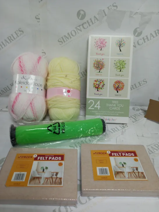 BOX OF APPROXIMATELY 10 ASSORTED ITEMS TO INCLUDE - FELT PADS, YARN, THANK YOU CARDS ETC