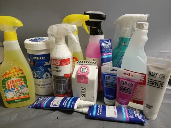 APPROXIMATELY 18 ASSORTED LIQUIDS TO INCLUDE ELBOW GREASE DEGREASER (500ml), NETTEX VIROCUR DISINFECTANT (1kg), HG UPVC CLEANER (500ml), ETC - COLLECTION ONLY