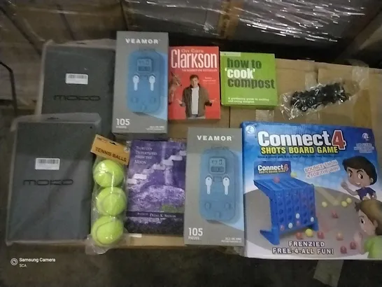 PALLET OF ASSORTED ITEMS INCLUDING HOW TO 'COOK' COMPOST BOOK, CONNECT 4 SHOTS BOARD GAME, TENNIS BALLS, MOKO LENOVO TABLET CASE, PICTURE HANGING KIT, BLACK GOTHIC CHOKER