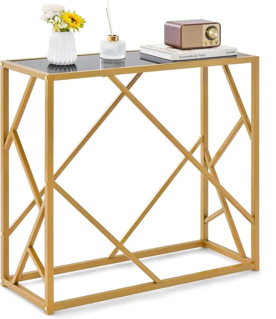 BOXED COSTWAY ENTRYWAY CONSOLE TABLE SIDE NARROW ACCENT DISPLAY TABLE W/ TEMPERED GLASS TOP - GOLD/BLACK