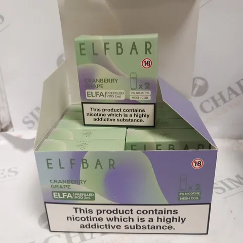 BOX OF APPROXIMATELY 10 ELFBAR CRANBERRY GRAPE ELFA PREFILLED POD 2ML