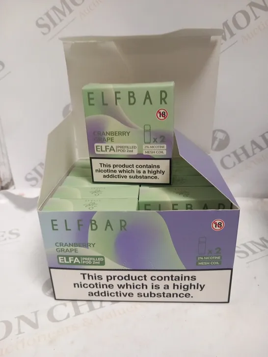 BOX OF APPROXIMATELY 10 ELFBAR CRANBERRY GRAPE ELFA PREFILLED POD 2ML