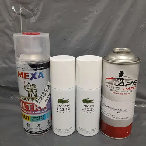 APPROXIMATELY 12 ASSORTED AEROSOLS TO INCLUDE LACOSTE BODY SPRAY , CAR PAINT , SPRAY PAINT , ETC 