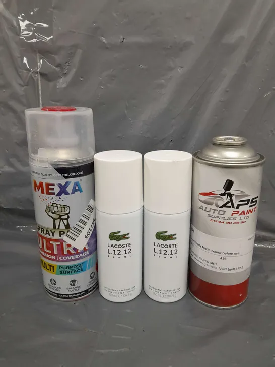 APPROXIMATELY 12 ASSORTED AEROSOLS TO INCLUDE LACOSTE BODY SPRAY , CAR PAINT , SPRAY PAINT , ETC 