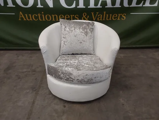 QUALITY DESIGNER CRUSHED VELVET & LEATHER 360° SWIVEL CUDDLE CHAIR - SILVER/WHITE