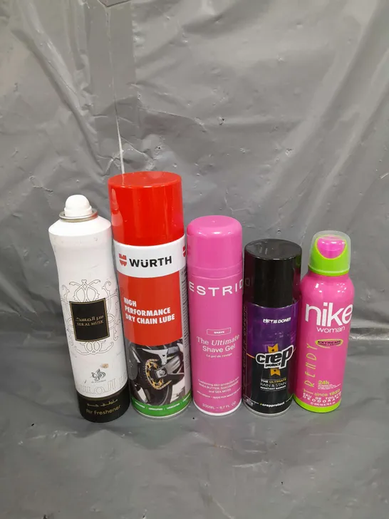 APPROXIMATELY 12 ASSORTED AEROSOLS TO INCLUDE CREP PROTECT , AIR FRESHENER , SHAVE GEL , ETC 