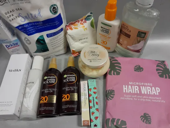 BOX OF APPROXIMATELY 15 COSMETIC ITEMS TO INCLUDE GARNIER SPF 30 , DEAD SEA SPA SALTS , MICROFIBRE HAIR WRAP , ETC