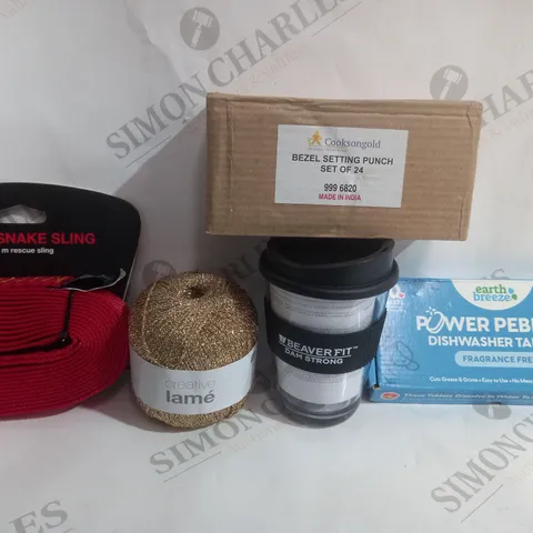 BOX OF 15 ASSORTED ITEMS TO INCLUDE - SNAKE SLING - BEAVER FIT MUG - POWER PEBBLES DISHWASHER TABLETS ECT