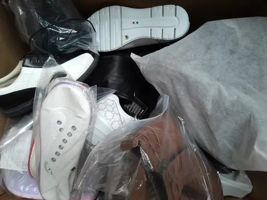 BOX OF APPROXIMATELY 10 ASSORTED PAIRS OF SHOES AND FOOTWEAR ITEMS IN VARIOUS COLOURS, STYLES, AND SIZES - COLLECTION ONLY