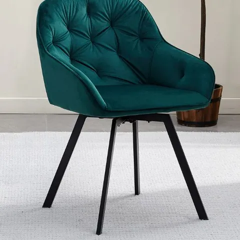 BOXED GARVIES SET OF TWO GREEN VELVET SWIVEL DINING CHAIRS