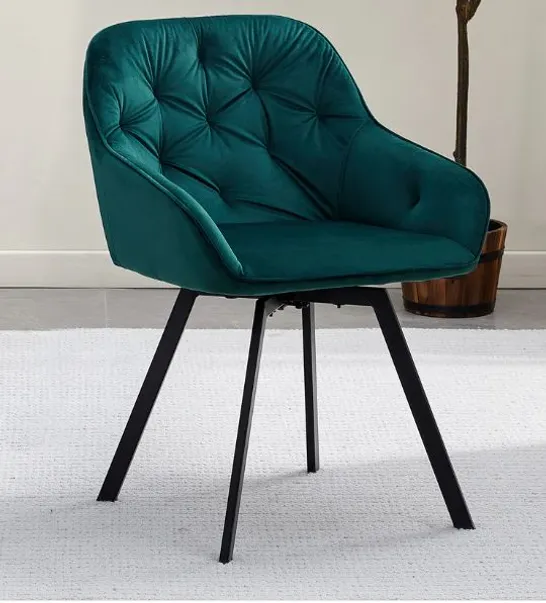 BOXED GARVIES SET OF TWO GREEN VELVET SWIVEL DINING CHAIRS