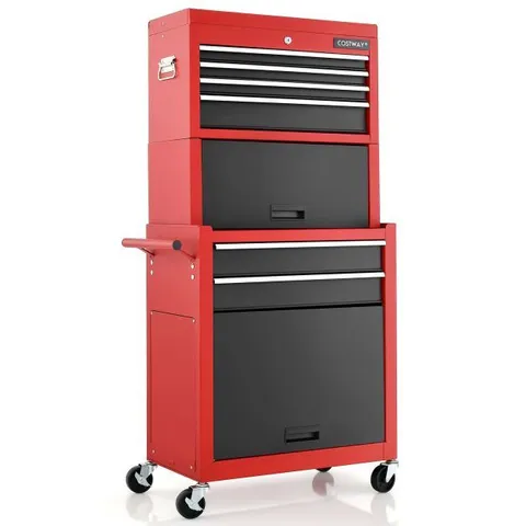 BOXED LOCKABLE TOOL STORAGE CABINET WITH HANDLE, DRAWERS, WHEELS AND EVA LINER - RED & BLACK