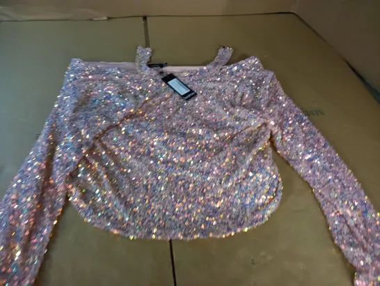 BOOHOO COWL BACK LONG SLEEVE SEQUIN BLOUSE - UK 14