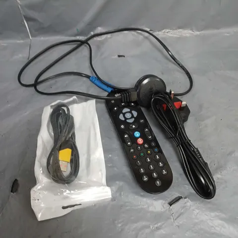 APPROXIMATELY 15 ASSORTED POWER CABLES AND ELECTRICAL ITEMS TO INCLUDE SKY TV REMOTE AND PLUGS