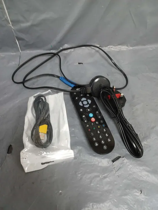 APPROXIMATELY 15 ASSORTED POWER CABLES AND ELECTRICAL ITEMS TO INCLUDE SKY TV REMOTE AND PLUGS