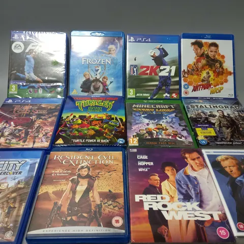 APPROXIMATELY 30 ASSORTED DVDS AND GAMES TO INCLUDE EA FC24 (PS4), TEENAGE MUTANT NINJA TURTLES MUTANT MAYHEM (BLU-RAY), MINECRAFT STOTY MODE (XBOX ONE), ETC