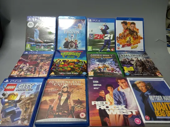 APPROXIMATELY 30 ASSORTED DVDS AND GAMES TO INCLUDE EA FC24 (PS4), TEENAGE MUTANT NINJA TURTLES MUTANT MAYHEM (BLU-RAY), MINECRAFT STOTY MODE (XBOX ONE), ETC