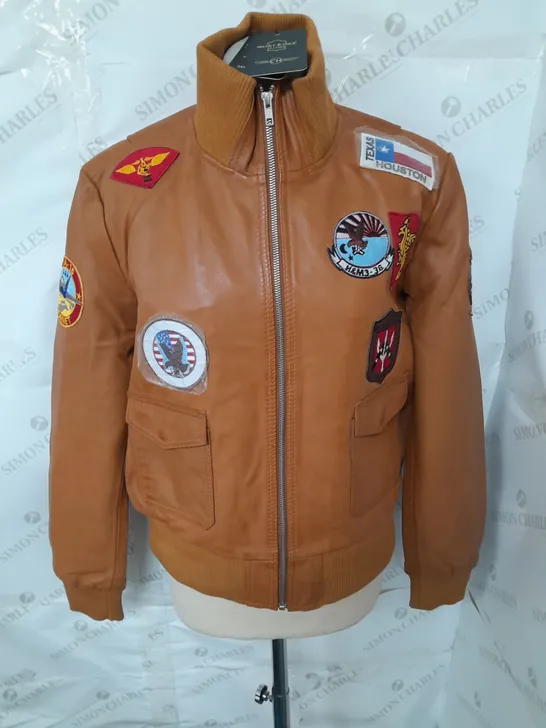 CARRIE HOXTON LEATHER TOP GUN JACKET IN TAN - UK 18