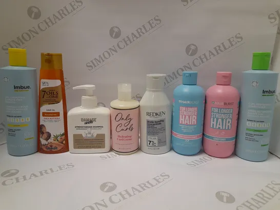 LOT OF APPROX 8 ASSORTED HAIR CARE PRODUCTS TO INCLUDE IMBUE CURL RESPECTING CONDITIONER, ONLY CURLS CURL CREME, REDKEN ACIDIC BONDING CONCENTRATE SHAMPOO, ETC