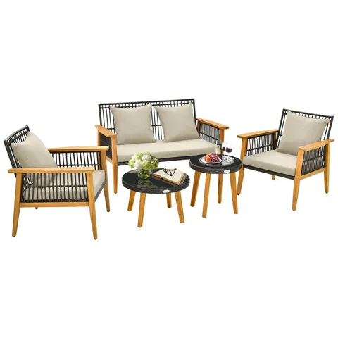 BOXED COSTWAY 5 PIECE WICKER GARDEN FURNITURE SET CUSHIONS TEMPERED GLASS SIDE TABLE BROWN