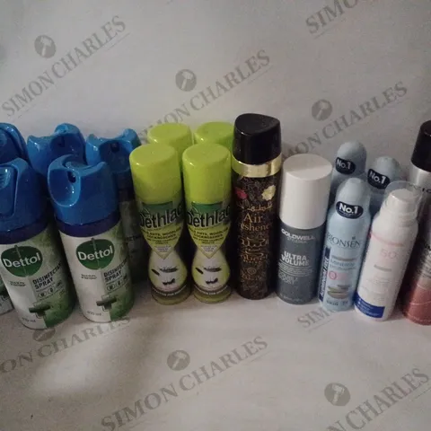 BOX OF HOUSEHOLD ITEMS TO INCLUDE DETTOL DISINFECTANT SPRAY , BIONSEN MINERALPROTECTIVE DEODORANT , ETCV