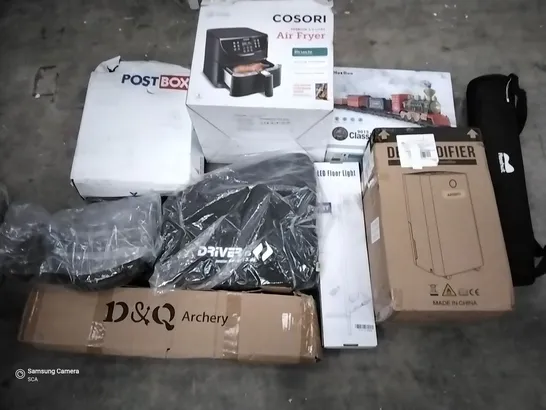 PALLET OF ASSORTED ITEMS INCLUDING D&Q ARCHERY, HOT BEE CLASSICAL TRAIN, COMPRESSOR DEHUMIDIFIER, COSORI AIR FRYER, LED FLOOR LIGHT, AUDIBLE FIDELITY COMPACT HI-FI STEREO SYSTEM