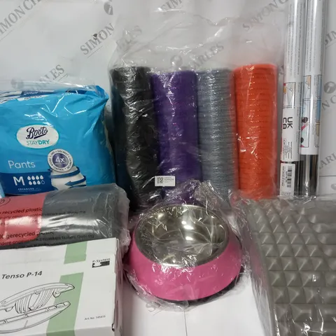 BOX OF APPROX 15 ASSORTED HOUSEHOLD ITEMS TO INCLUDE BOOTS STAY DRY PANTS, PINK PET FOOD BOWL, CAMBRIDGE 2024 CALENDAR, ETC 