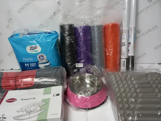 BOX OF APPROX 15 ASSORTED HOUSEHOLD ITEMS TO INCLUDE BOOTS STAY DRY PANTS, PINK PET FOOD BOWL, CAMBRIDGE 2024 CALENDAR, ETC 