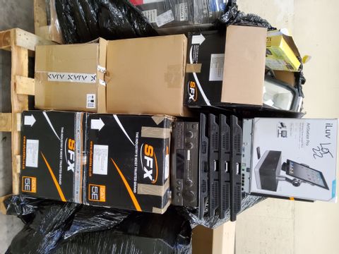 PALLET OF ASSORTED ELECTRICAL ITEMS, INCLUDING, MONITORS, SPEAKERDOCK, LED FLOODZLIGHT WITH PIR, DVR, CIRCUIT BOARDS, CHARGERS.  