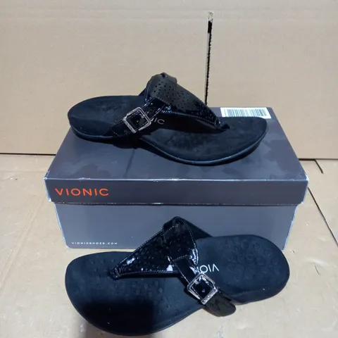 VIONIC SANDALS - BLACK FLIP FLOPS WITH BLACK PATENT STRAPS UK SIZE 6