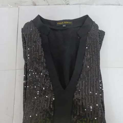 FRANK USHER SEQUIN TOP IN BLACK WITH SHEER BACK AND SLEEVES SIZE S/M