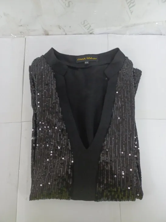 FRANK USHER SEQUIN TOP IN BLACK WITH SHEER BACK AND SLEEVES SIZE S/M