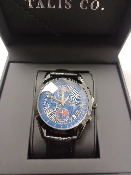 TALIS CO 7120 CHRONOGRAPH WATCH MOON PHASE MOVEMENT BLACK LEATHER STRAP