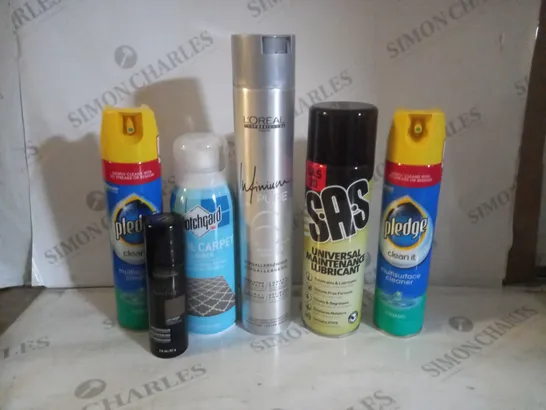 BOX OF APPROX 10 ASSORTED AEROSOLS INCLUDING PLEDGE MULTISURFACE CLEANER, S.A.S UNIVERSAL MAINTENANCE LUBRICANT AND LOREAL INFINIUM PURE HAIRSPRAY - COLLECTION ONLY