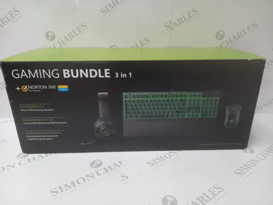 BRAND NEW BOXED RAZER GAMING BUNDLE 3 IN 1 TO INCLUDE - GAMING HEADSET, MEMBRANE RGB KEYBOARD AND ESSENTIAL GAMING MOUSE