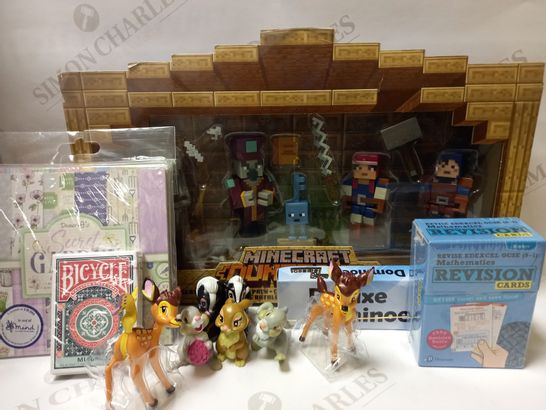LOT OF ASSORTED ITEMS TO INCLUDE MINECRAFT DUNGEONS DESERT TEMPLE BATTLE PACK, DISNEY BAMBI MINIATURE FIGURES, EDEXCEL MATHEMATICS REVISION CARDS, ETC. 