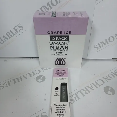 BOX OF APPROXIMATELY 10 BOXES OF GRAPE ICE 10 PACK SMOK M BAR DISPOSABLE 20MG SALT NICOTINE