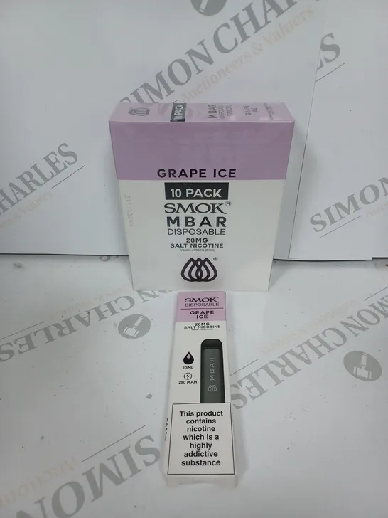 BOX OF APPROXIMATELY 10 BOXES OF GRAPE ICE 10 PACK SMOK M BAR DISPOSABLE 20MG SALT NICOTINE