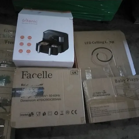 PALLET OF ASSORTED ITEMS INCLUDING LED CEILING LAMP, BABY PLAYPEN, FACELLE STAND MIXER, GREEN CHRISTMAS TREE, ITENIC AIR FRYER, METAL CLOTHES RACK WITH STORAGE SHELVES 