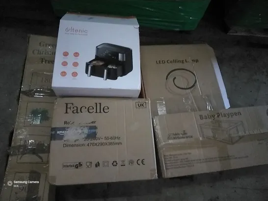 PALLET OF ASSORTED ITEMS INCLUDING LED CEILING LAMP, BABY PLAYPEN, FACELLE STAND MIXER, GREEN CHRISTMAS TREE, ITENIC AIR FRYER, METAL CLOTHES RACK WITH STORAGE SHELVES 