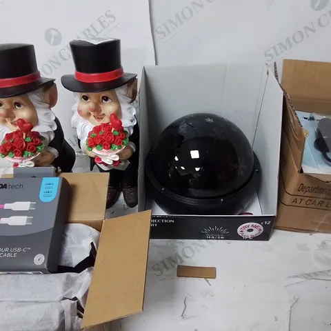 LARGE QUANTITY OF ASSORTED ITEMS TO INCLUDE VALENTINES GNOMES, PROJECTOR LIGHTS AND CAR CHARGERS