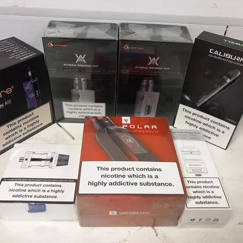 APPROXIMATELY 25 ASSORTED E-CIGARETTES AND E-CIGARETTE PARAPHERNALIA TO INCLUDE; GEEK VAPE, POLAR AND CALIBURN